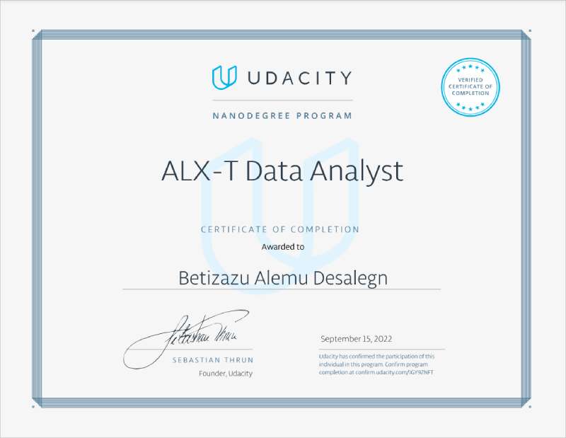 Certificate of Alx-Data Analyst Nanodegree from Udacity