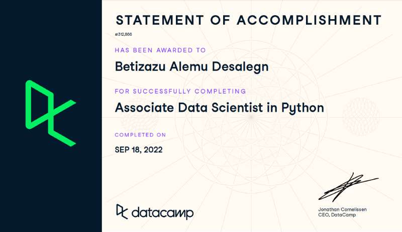 Certificate of Data Scientist with Python from DataCamp