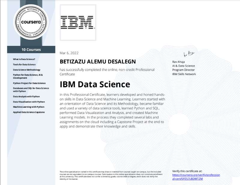 Certificate of IBM Data Science Professional Certificate from Coursera