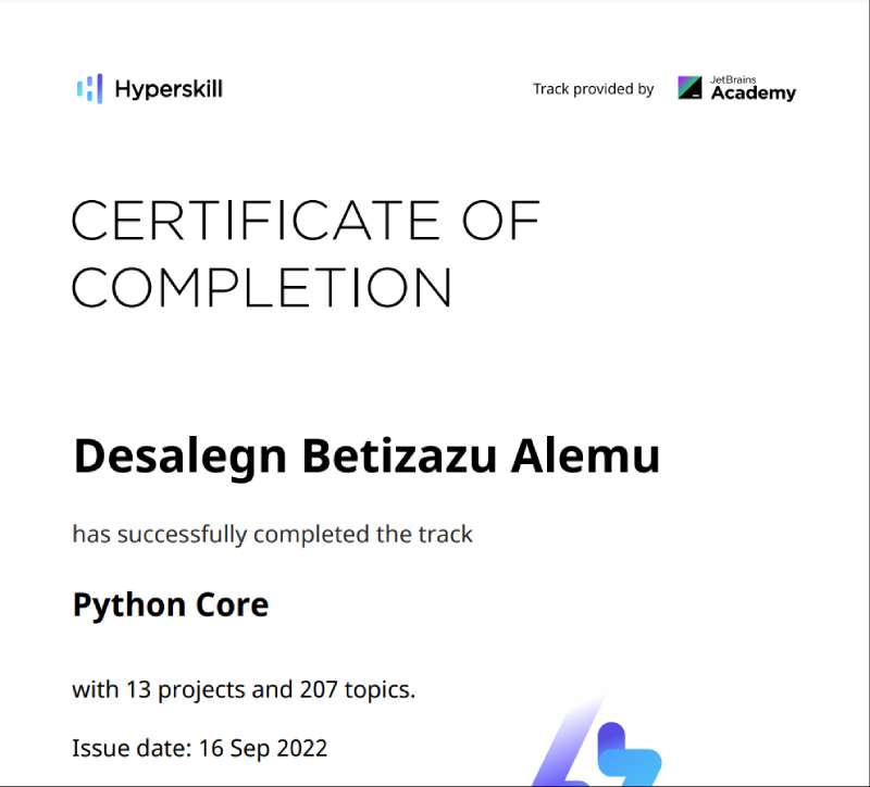 Certificate of Python Core from Hyperskill